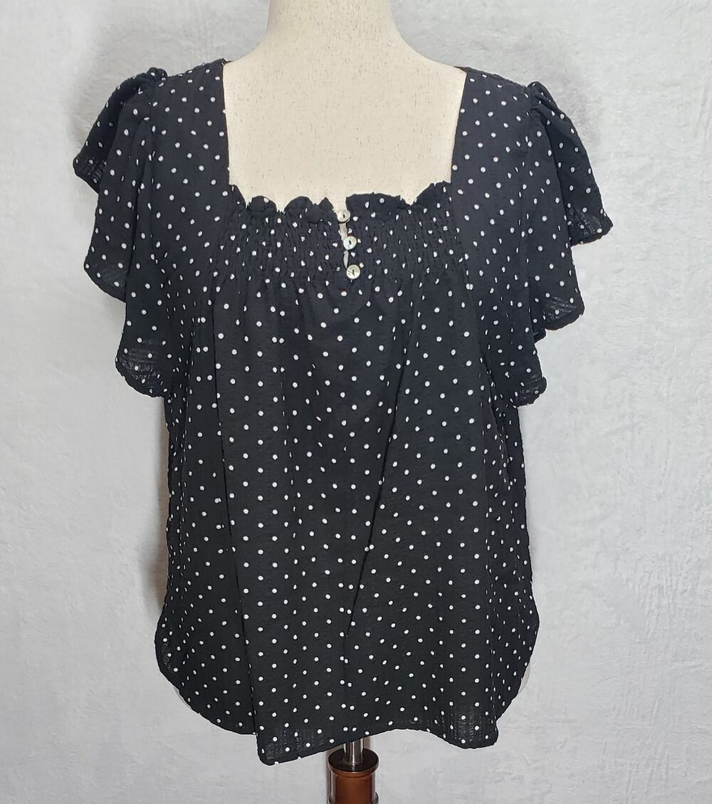 Draper James Polka Dot Blouse XL Black Smocked Flutter Sleeve Romantic Cottage